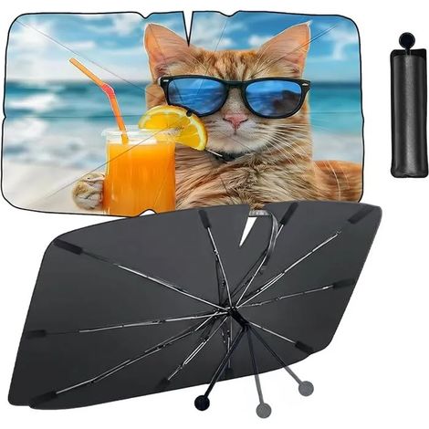 Pare Soleil Voiture Pare Brise Avant Rotation à 360° Pliable,Parapluie Pare Soleil pour Pare Brise Avant de Noir Chat orange (1/5)
