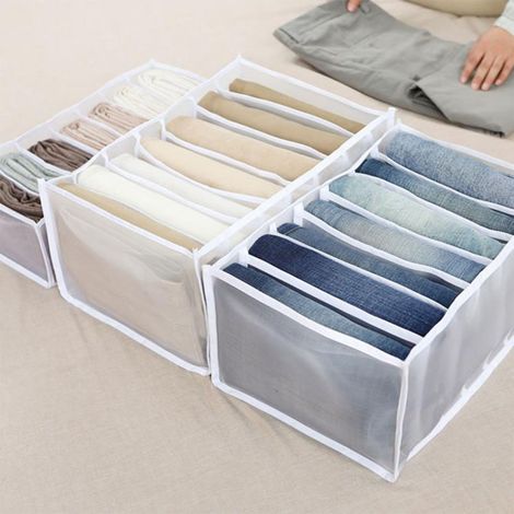 Lot de 2 Boîtes de Rangement pour Pantalons, Blanc, 7 Compartiments, Organiseur de Placard pour Pochettes (1/5)