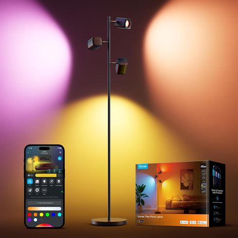 Tree Floor Lamp with LED RGBWW, 3-Head Adjustable Angle Lamp 1500lm, 64+ Scenes, Sync Music, 157cm Black Floor Lamps for Living Room, Bedroom, Reading Room (1/5)