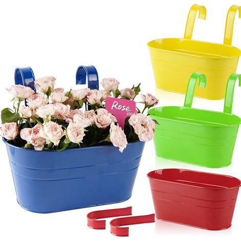 4 vasi da fiori sospesi in metallo con doppi ganci rimovibili, vasi da fiori sospesi per giardino, balcone, patio, decorazione interna o esterna, multicolore (1/5)