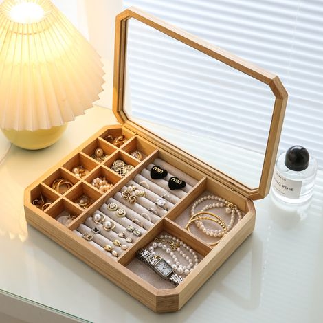 Coffret à bijoux vintage en bois massif, plateau à bijoux, couvercle en verre transparent, vitrine à bijoux pour femme (1/5)