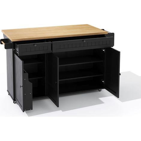 CAIziÎlot de cuisine avec plan de travail rabattable, meuble de cuisine sur 6 roulettes verrouillables, avec étagère, rangement de porte, 2 grands tiroirs et armoire, noir, 137 x 89,5 x 45 cm