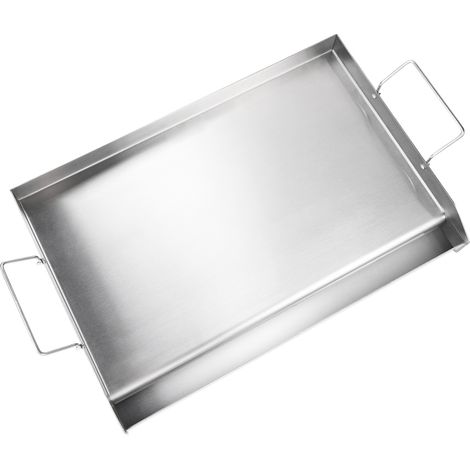 Mophorn 23,5 x 16 Grillplatte für den Herd, vorgebrannter Edelstahl, Doppelbrennerpfanne mit Griffen und Ölrille für BBQ und Gasgrills, Silber
