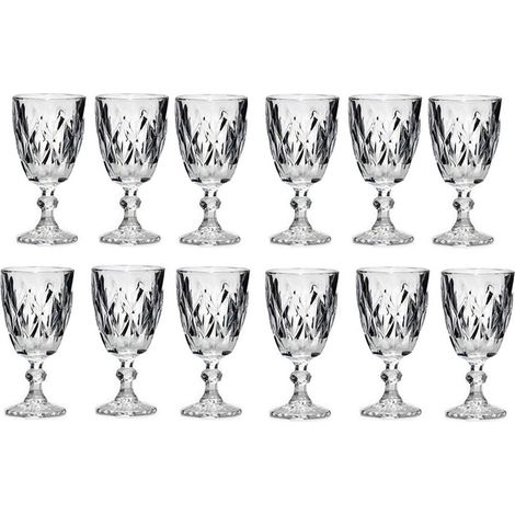 Set 12 Bicchieri con piede a Calice in Vetro per Acqua e Vino Lavorato 30cl Design Vintage a Rilievi Calici Resistenti con Piede per Casa e Ristorazione Stile Retro Bicchieri diamanteTrasparente