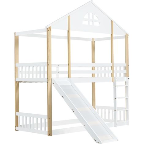 Lit superposé cabane en bois massif + MDF blanc et naturel 90x200 cm avec échelle 3 marches et toboggan réversible (1/5)