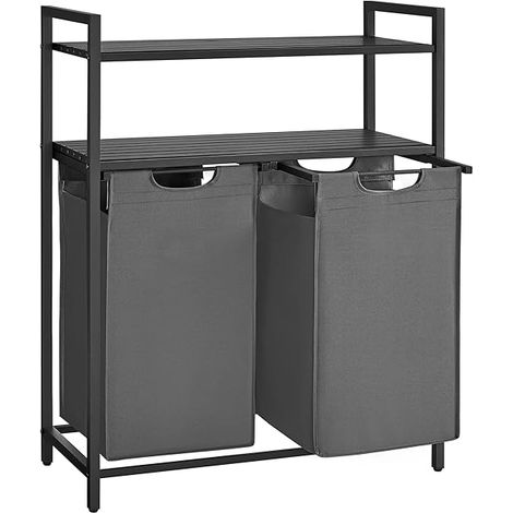 Vasagle – Panier à linge noir et gris – 2 compartiments avec sacs amovibles en tissu Oxford – 2 étagères de rangement – Dimensions 73 x 33 x 92 cm