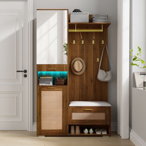 Ensemble de meubles d'entrée 110x38x190 cm - Avec miroir et 6 crochets dorés - porte-manteau avec éclairage LED - Meuble d'Entrée avec Armoire à Chaussures Banc - Penderie d'entrée - Noyer