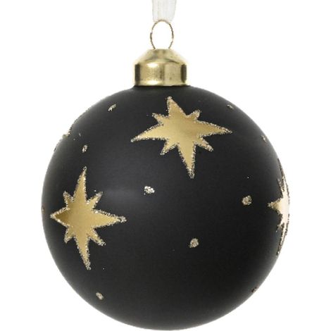 Kaemingk – Boule de Noël noir mat avec étoiles dorées – Verre, Ø 8 cm