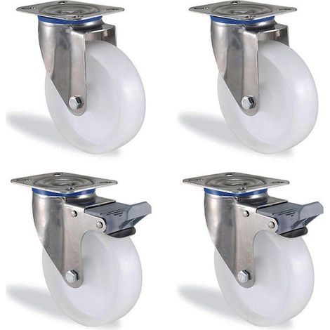 Lot roulettes pivotante et pivotante à frein inox polypropylène diamètre 150mm charge 540kg