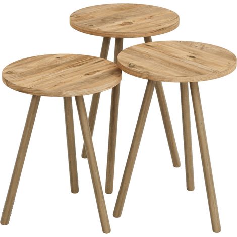 Set de 3 tables d'appoint rondes trépied effet bois (1/4)
