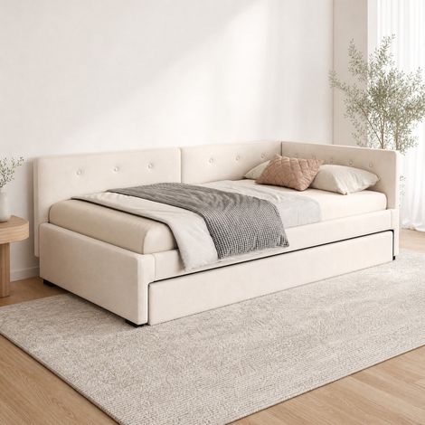 Cama diván 90x200 cm de terciopelo beige, ahorro de espacio para salón, sin colchón FloraGrace (1/5)