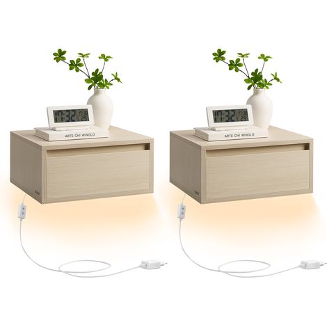 Vasagle – Tables de chevet suspendues lot de 2 – Étagère murale avec tiroir – Dimensions 35 x 40 x 18 cm – Lumière 3 couleurs – Style moderne beige naturel (1/5)