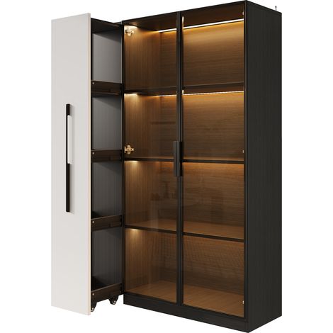 ELVMI Vetrina con 1 Anta in Vetro, 1 Modulo Laterale e LED per Soggiorno o Sala da Pranzo in MDF 110,5×35×160 cm Nero (1/5)