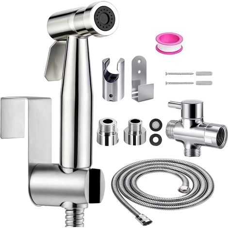 Ensemble de douchette à main pour bidet, en acier inoxydable, de qualité supérieure, avec valve G1/2" et un pulvérisateur G3/8", pour douche, salle de bain, hygiène, papier toilette, nettoyage des (1/5)
