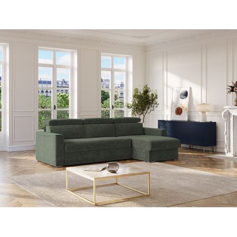 Canapé d'angle réversible convertible express en tissu chenille vert - Couchage 140 cm - Matelas 22 cm mémoire de forme VIZIR (1/4)