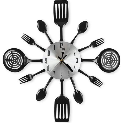 Grandes horloges murales de cuisine de 40,6 cm avec cuillères et fourchettes, excellente décoration d'intérieur et de beaux cadeaux, noir (1/5)