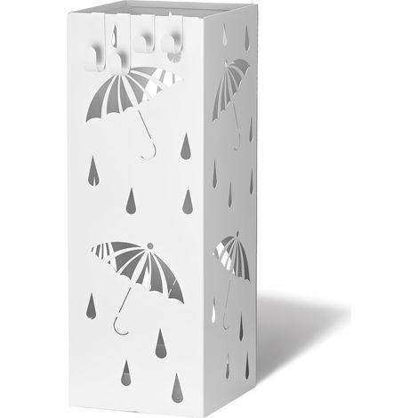 VOUNOT Metal Umbrella Stand, Freestanding Holder with Drip Tray & 4 Hooks, White