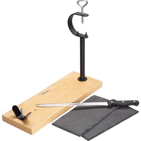 Support à jambon en bois laqué + couteau à jambon + 2 assiettes en ardoise naturelle - Support à jambon fabriqué en Espagne - Support à jambon très résistant idéal pour jambon et palettes (1/5)