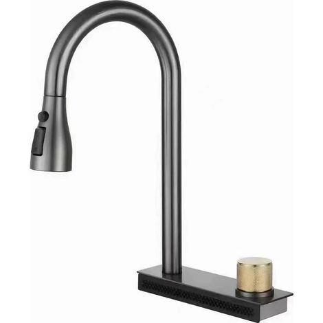 Robinet mitigeur de cuisine (doré) à montage sur plage, robinet de lavabo à 4 jets, douchette extractible eau chaude/froide, robinet de salle de bain. (1/5)