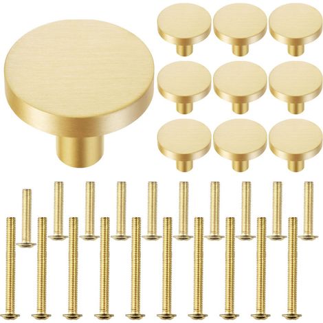 Set mit 10 runden Knöpfen aus gebürstetem Messing für Möbel, Schränke und Schubladen. Einloch-Beschläge für Schubladen und moderne Küchenaccessoires. Oberfläche: Gebürstetes Messing. (1/5)