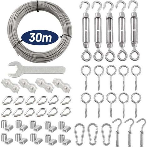 Lot de 59 Corde Cable Acier Inoxydable de 30 m - Tendeur de câble en acier inoxydable 304 - Avec œillets - Tuteurs pour plantes grimpantes, cordes à linge, lumières suspendues (1/4)