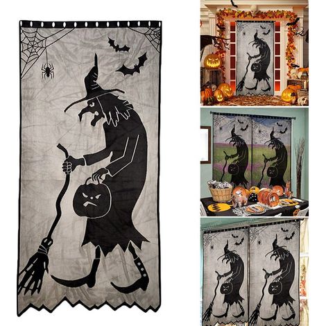 Rideau en dentelle Halloween sorcière pour fenêtre ou porte, panneau décoratif pour fête effrayante et décoration de vacances (1/5)