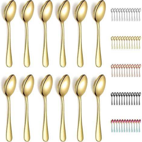 12 Cuillère à café, Acier inoxydable, Plaqué titane Or, 14 cm, Lavable lave-vaisselle, Thé, Café, Dessert