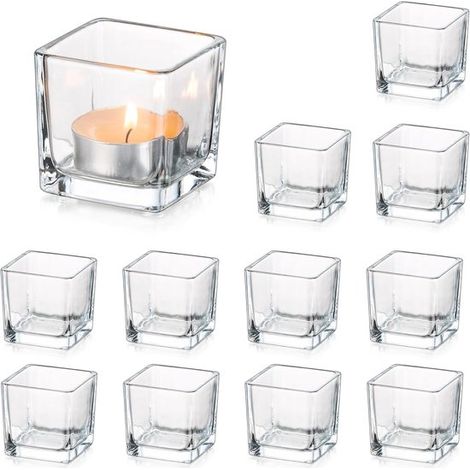 Juego de 12 portavelas de cristal transparente para velas pequeñas，Portavelas cuadrados，Portavelas navideños para velas pequeñas (lote) (1/5)
