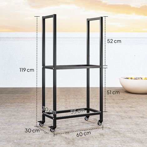 Range-bûches à deux niveaux en acier renforcé, pour une utilisation intérieure et extérieure, avec roulettes, 60 x 30 x 119 cm, noir (1/5)