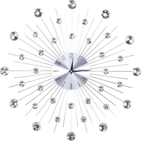 Horloge murale créative et scintillante argentée métallisée avec strass, idéale pour décorer un salon ou un bureau. (1/5)