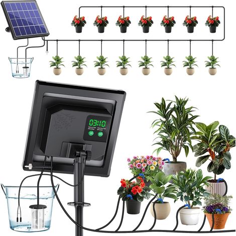 Système d'irrigation solaire, 15 m d'irrigation goutte à goutte automatique avec minuterie, panneau solaire de 2,5 W, pour 12 à 20 pots, jardin, balcon, serre, arrosage de vacances (1/5)