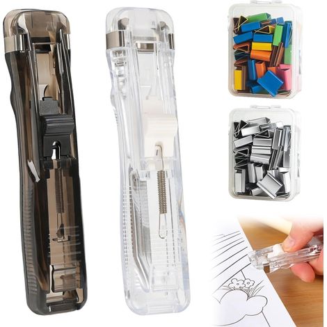 Lot de 2 agrafeuses réutilisables (noire et transparente), avec 100 agrafes réutilisables (colorées et argentées), porte-agrafeuse à pince, agrafeuse portable, pour le bureau et la maison (1/5)