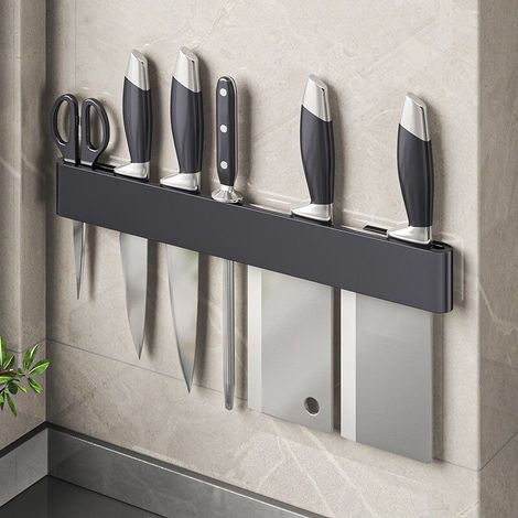 Bloc à couteaux de cuisine sans perçage - Bloc à couteaux mural - Rangement gain de place - Organisateur d'ustensiles de cuisine - Acier au carbone - Noir (1/5)