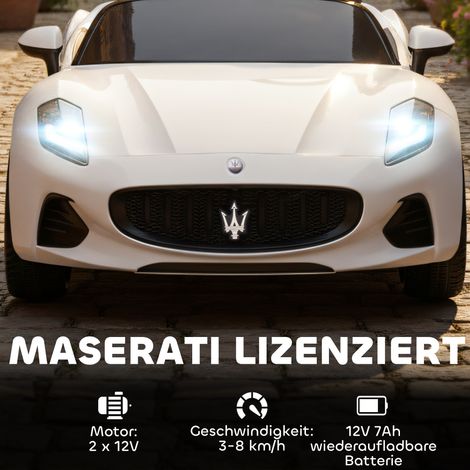 Voiture électrique enfant Maserati 2 places, batterie 12V, télécommande, phares LED, fonction musique, modèle blanc