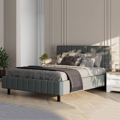 Cama Matrimonial Exmouth, Cama Matrimonial Tamaño Colchón 160x200 cm, Cabecero y Base Acolchados, Tapizada, Gris (1/5)
