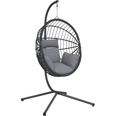 chaise suspendue en forme d'œuf avec structure en acier et rotin gris (1/5)