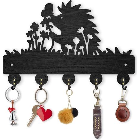 Porte-clés d'entrée en bois avec motif hérisson et papillon, étagère murale décorative avec 5 crochets, support mural pour clés, sacs, parapluie, lunettes de soleil, portefeuille, installation (1/5)