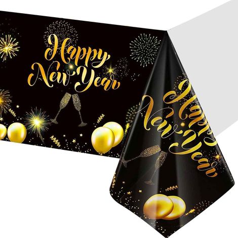 Silvester Tischdecke Schwarz Gold, Rechteckig, Wasserdicht, für Neujahr 2026