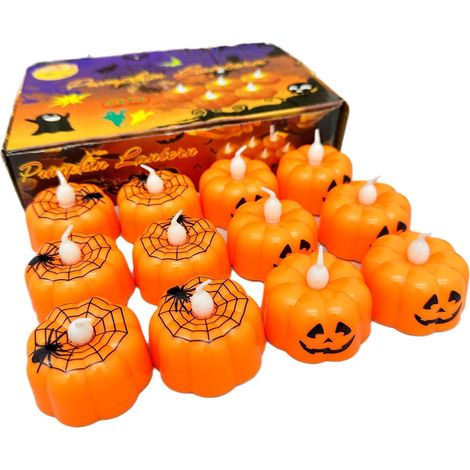 Halloween-LED-Kürbiskerze, 12 Stück, flammenlose LED-Teelichter, batteriebetriebenes 3D-Kürbislicht, realistische, helle Halloween-Kürbisse