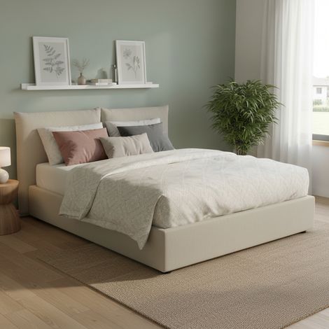 Talamo Italia Letto matrimoniale Tiziana, Letto contenitore con rivestimento in tessuto, 100% Made in Italy, Apertura frontale, adatto per materasso Cm 160x190, Beige, con imballo rinforzato (1/5)