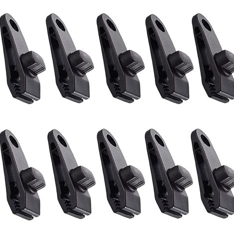 Clips para lonas de camping – Paquete de 10 clips resistentes de plástico negro, ideales para toldos, tiendas de campaña y refugios exteriores.