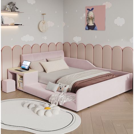 Kinderpolsterbett 212x175x69 cm, mit Schreibtisch und Hocker, Ablageboden, Samt, Pink (1/5)