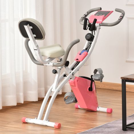 Klappbares Heimtrainer-Fahrrad für Erwachsene, 8 Widerstandsstufen, Handpulssensoren, Multifunktions-LCD-Display, verstellbarer Sattel, Stahl, rosa, weiß