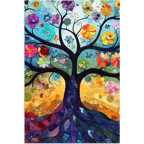 AFFICHE Art - Arbre de vie - Fleurs - Hippie Tableau Décoration Murale 80x120 cm (1/4)
