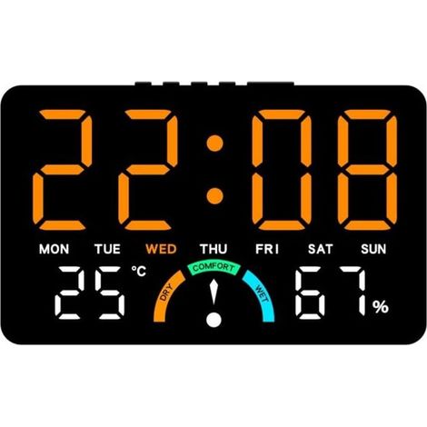 Große digitale LED-Uhr mit Anzeige von Uhrzeit, Luftfeuchtigkeit, Temperatur, Datum und Wecker – zur Wand- oder Flächenmontage – orange – 1 Stück (1/5)
