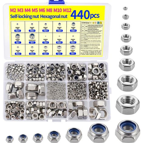 440 Pcs Écrous Hexagonaux, Écrous M2 M3 M4 M5 M6 M8 M10 M12 (1/5)