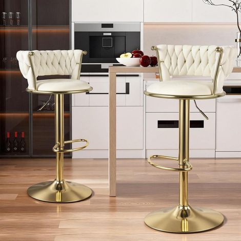 Barhocker 2er Set, höhenverstellbar, drehbar, mit geflochtener Rückenlehne, Gold/Beige (1/5)