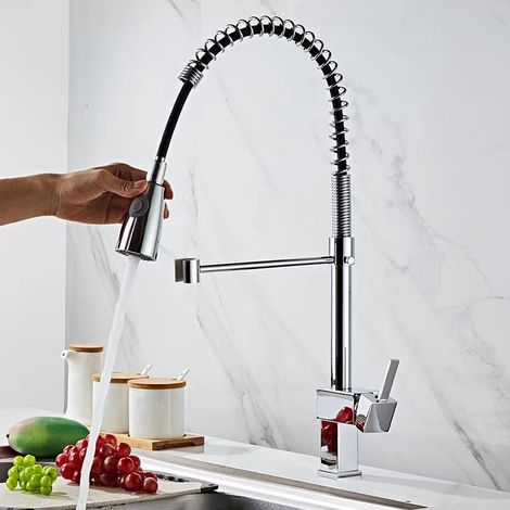 Cross-border kitchen spring pull-out hot and cold water faucet for sinks, vegetable basins, and dishwashers - Rotatable splash-proof faucet - Copper spring pull-out square model B