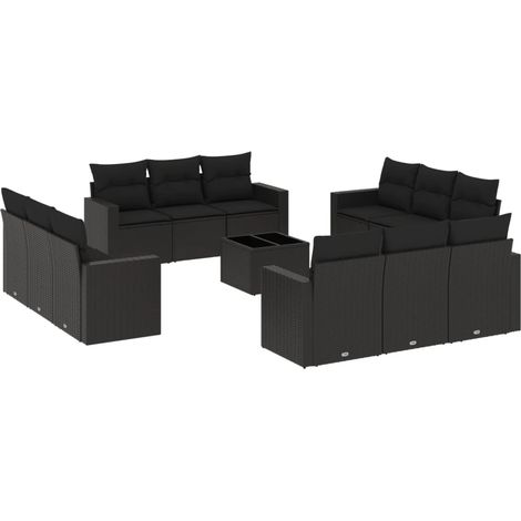 Salon de jardin avec coussins 13 pcs Mobilier de jardin noir résine tressée (1/5)
