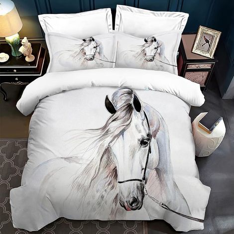 Housse de Couette pour chevaux impression 3D,Parure de lit pour animaux enfants 3 pièces,housse de couette microfibre avec fermeture éclair,pour garçons, adolescents (Cheval blanc, 200 x 200 cm) - 200 (1/5)